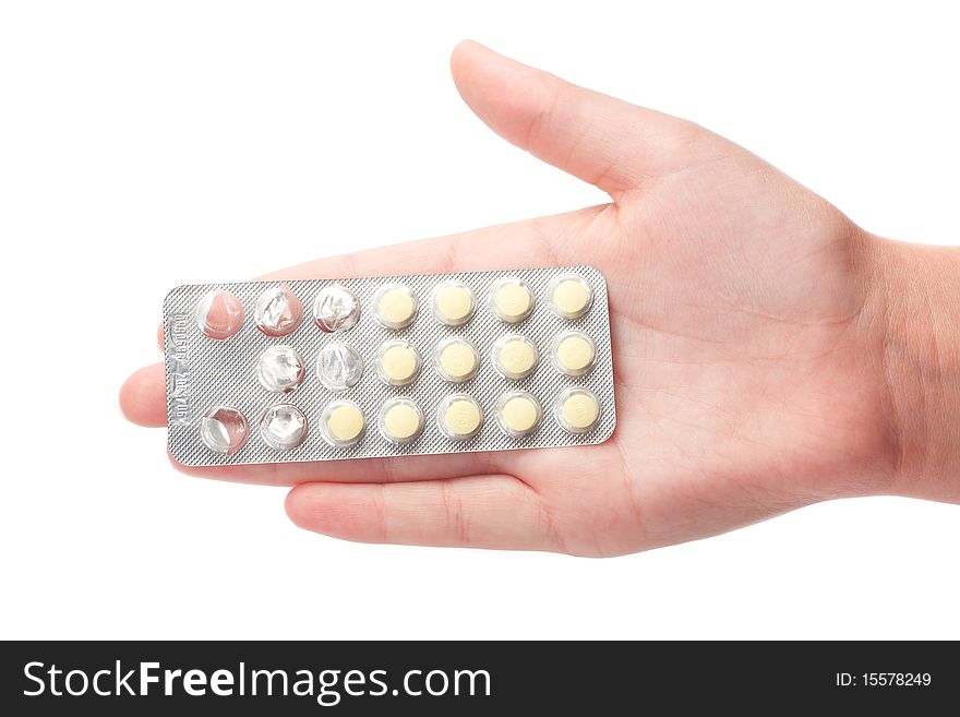 Medical Pills Container On A Female Hand, Isolated