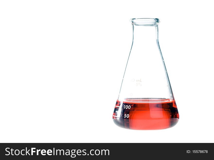 Red liquid in a clear erlenmeyer flask isolated on a white background.