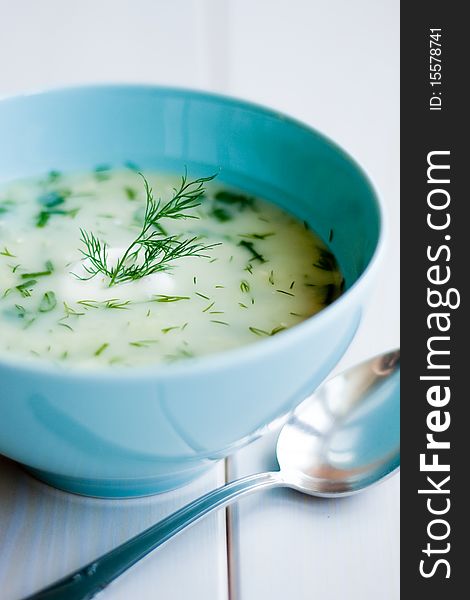 Russian traditional okroshka (summer cold kvass soup)
