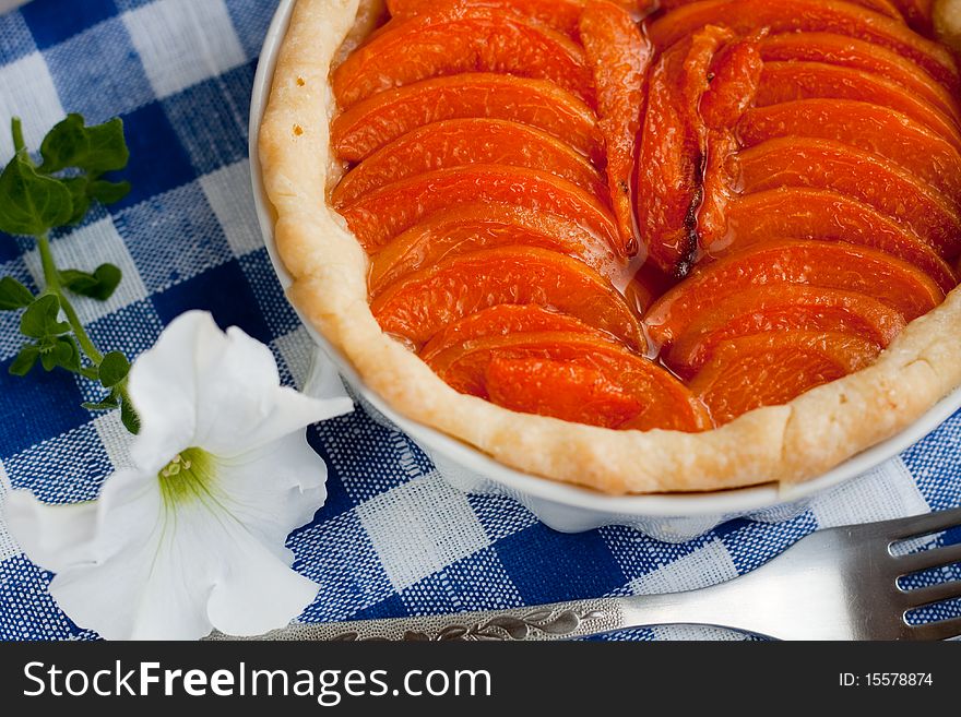 Apricot tart on a blue and white checked tablecloth