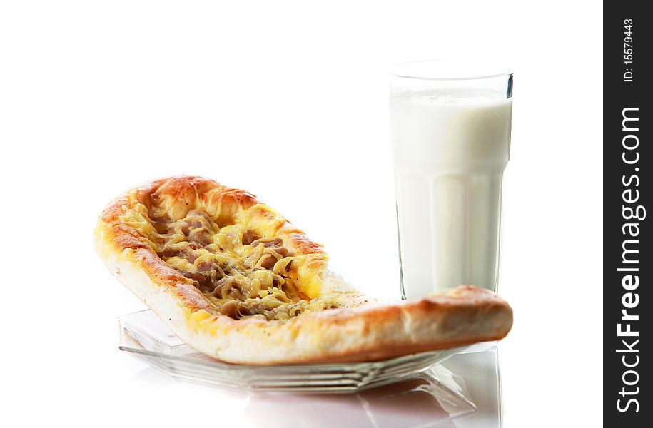Meat pie with cheese and yogurt isolated on white. Meat pie with cheese and yogurt isolated on white