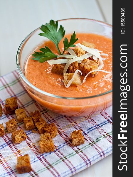 Gaspacho (tomato soup) with parmesan and parsley