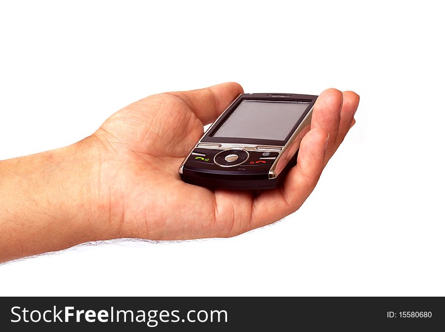 Mobile phone in hand isolated on white background.