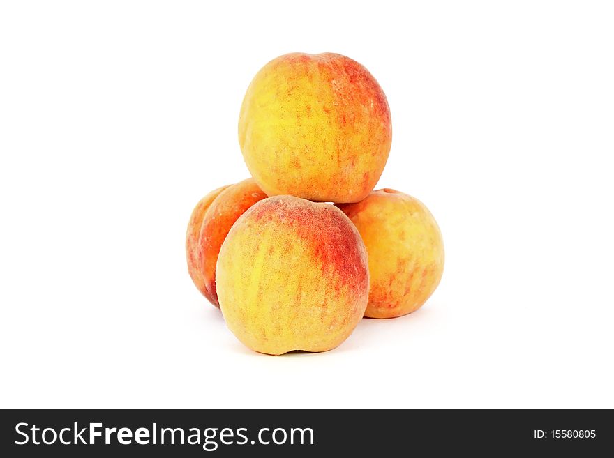 Fresh ripe juicy peaches, isolated on white. Fresh ripe juicy peaches, isolated on white