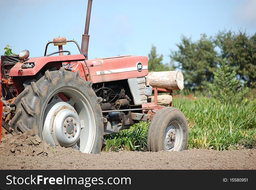 An old red tractor is still performing her job but got stuck in the sandy grounds. Note the wooden counterweights to prevent tipping over. An old red tractor is still performing her job but got stuck in the sandy grounds. Note the wooden counterweights to prevent tipping over.