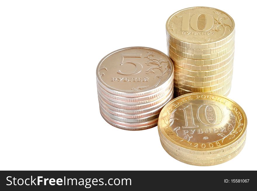 Three stacks of coins against white background