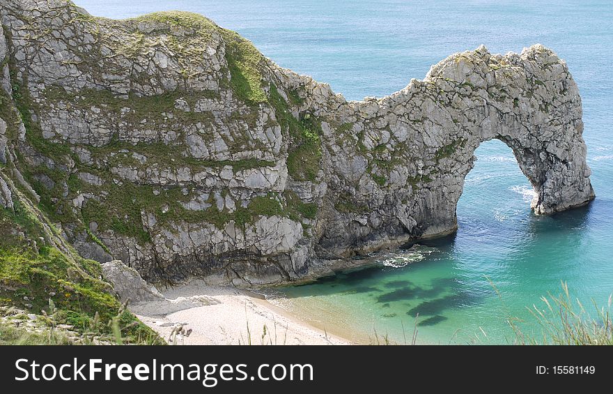 A view of the Dorset landmark, Durdle Door, from above.