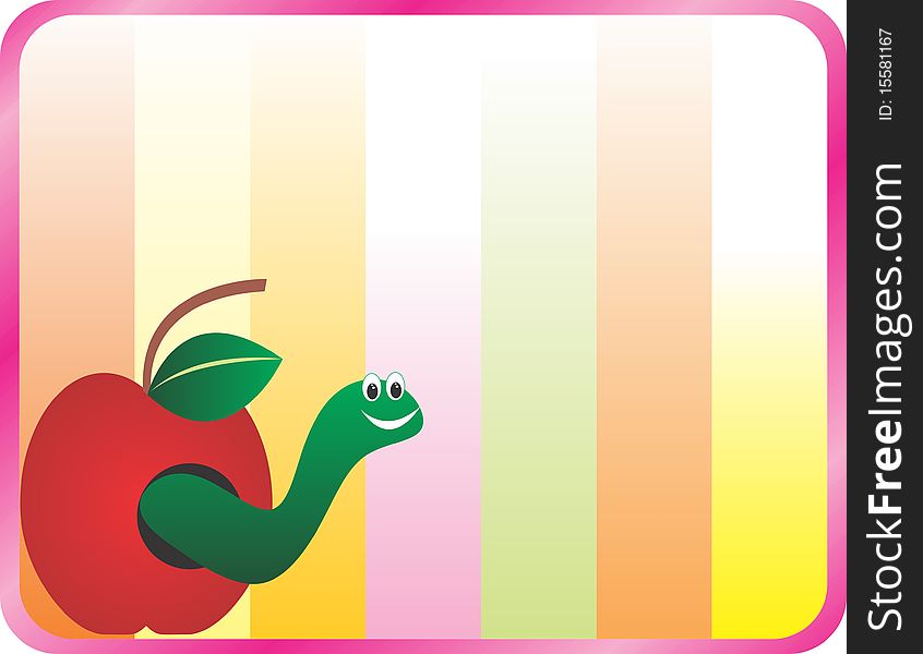 Apple with green worm in a colorful background, blank for text. Apple with green worm in a colorful background, blank for text