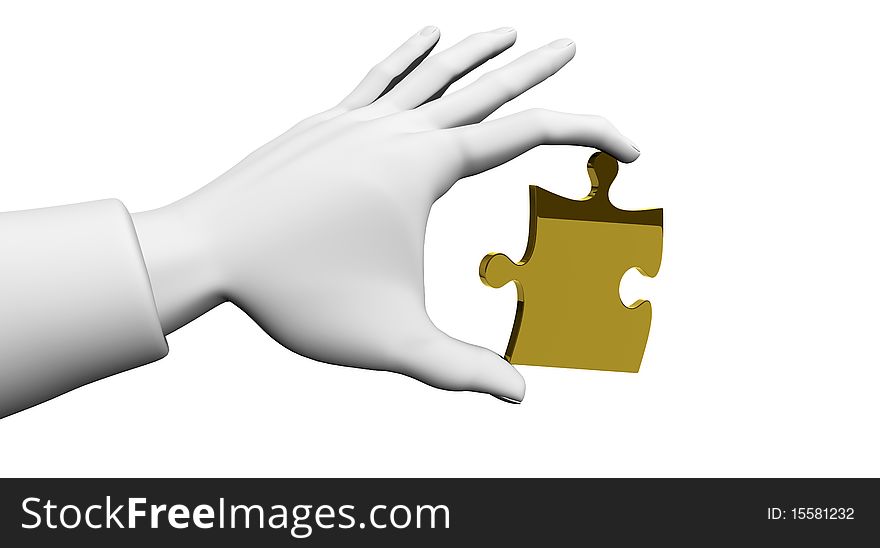 3D human hand holding a golden puzzle. 3D human hand holding a golden puzzle.