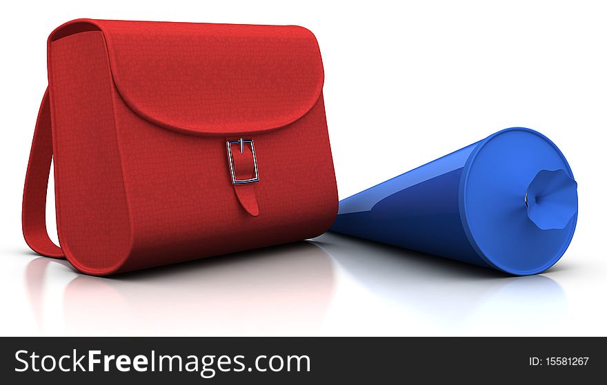 Red satchel and blue conical bag of sweets - german first day of school traditon - 3d rendering/illustration. Red satchel and blue conical bag of sweets - german first day of school traditon - 3d rendering/illustration