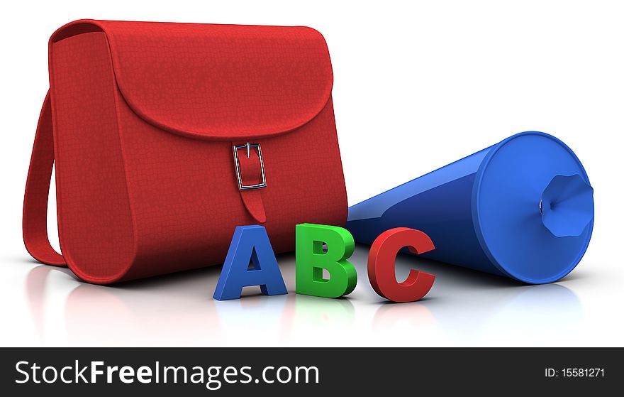 Red satchel and blue conical bag of sweets with ABC letters - 3d rendering/illustration. Red satchel and blue conical bag of sweets with ABC letters - 3d rendering/illustration