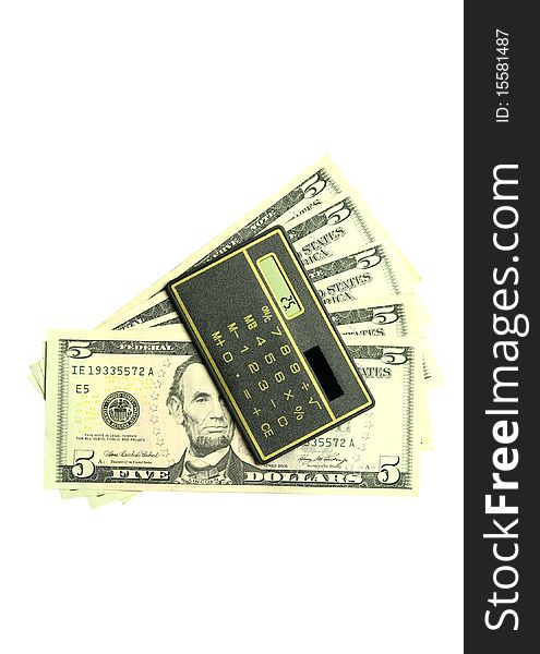 Calculator and dollar bills on white background