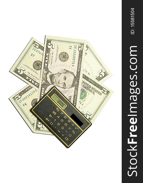 Calculator and dollar bills on white background