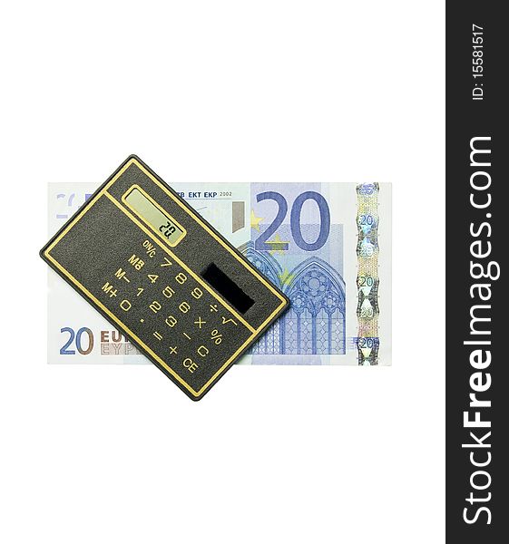 Calculator and 20 euro bill on white background