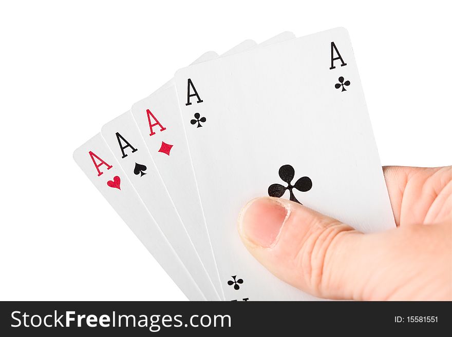 Hand holding four aces on white background. Hand holding four aces on white background