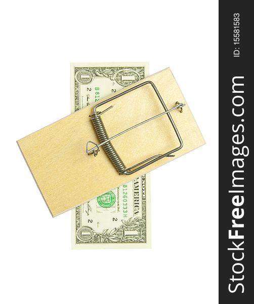 Mousetrap and dollar bill on white background