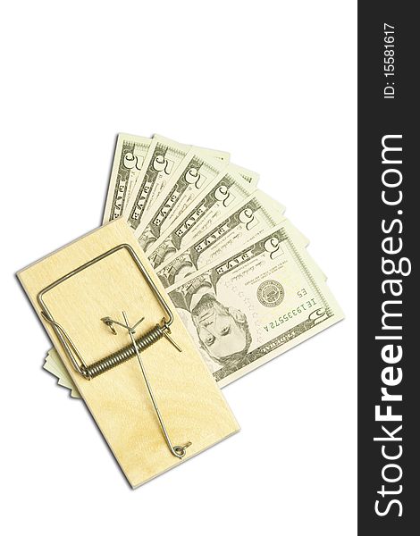 Mousetrap and dollar bills on white background