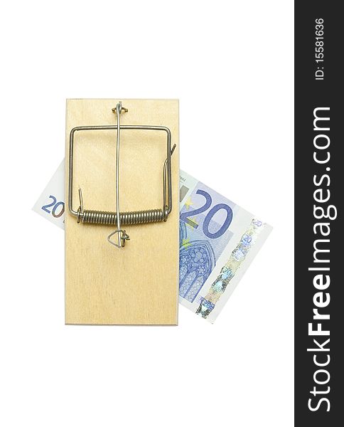 Mousetrap and euro bill on white background