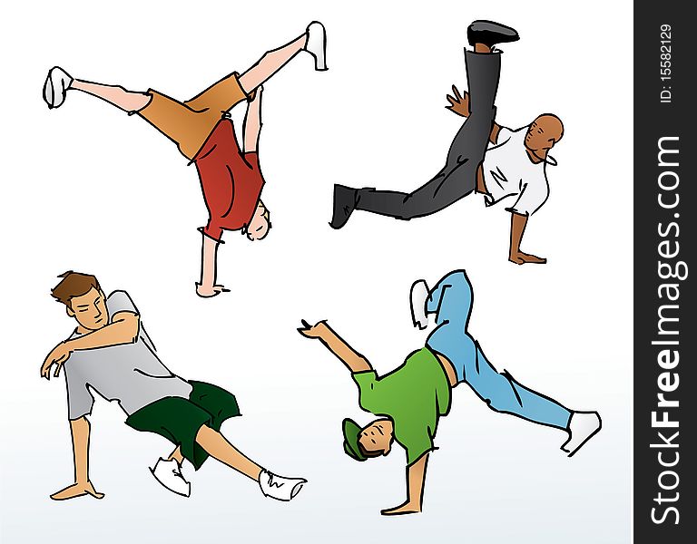 This breakdancing vector illustration shows several b-boys executing dance moves. A high resolution JPG of this illustration is included with your download. Enjoy!. This breakdancing vector illustration shows several b-boys executing dance moves. A high resolution JPG of this illustration is included with your download. Enjoy!