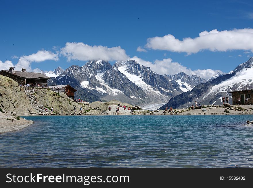 View on lake and  mountain massive with glaciers in  Chamonix, France, Europe. View on lake and  mountain massive with glaciers in  Chamonix, France, Europe