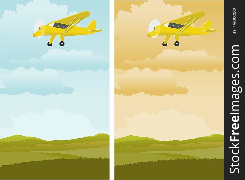 A pair of illustrations of an airplane flying over a rural landscape. A pair of illustrations of an airplane flying over a rural landscape.