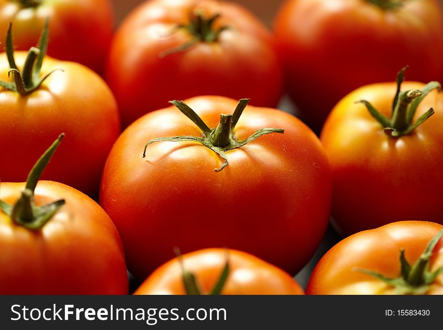 Bright red tomato with the stems close up