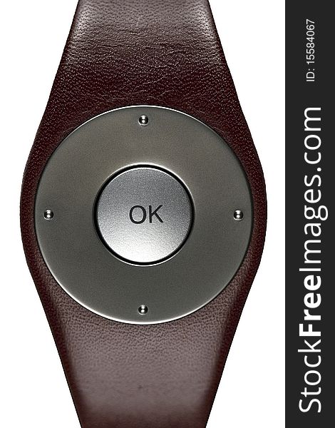 Ok-button instead of wristwatch face. The silver button on a leather wristlet up on white background. Ok-button instead of wristwatch face. The silver button on a leather wristlet up on white background.