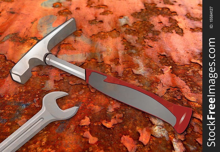 Tools on old red background