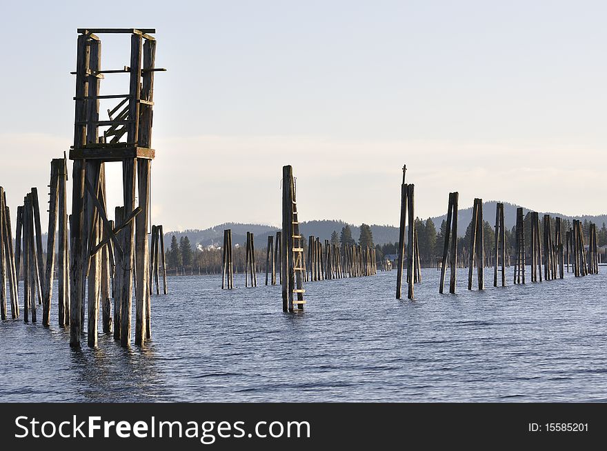 Abandoned pilings near the town of Cusick on the Pend Oreille River left over from early 20th century logging operations.