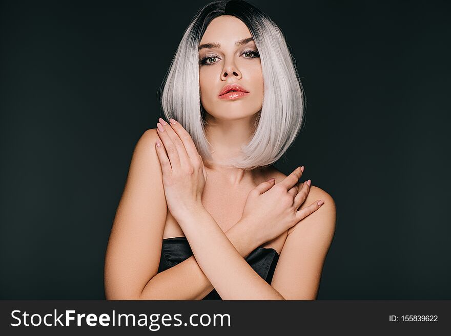 Beautiful Glamor Girl Posing In Grey Wig, Isolated