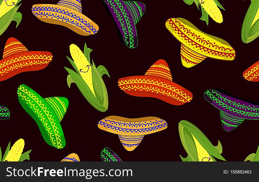 Pattern in mexican style. Pattern seamless pattern with sombrero and corn. Can be used as a background, wrapping paper, covers, fabrics, etc.