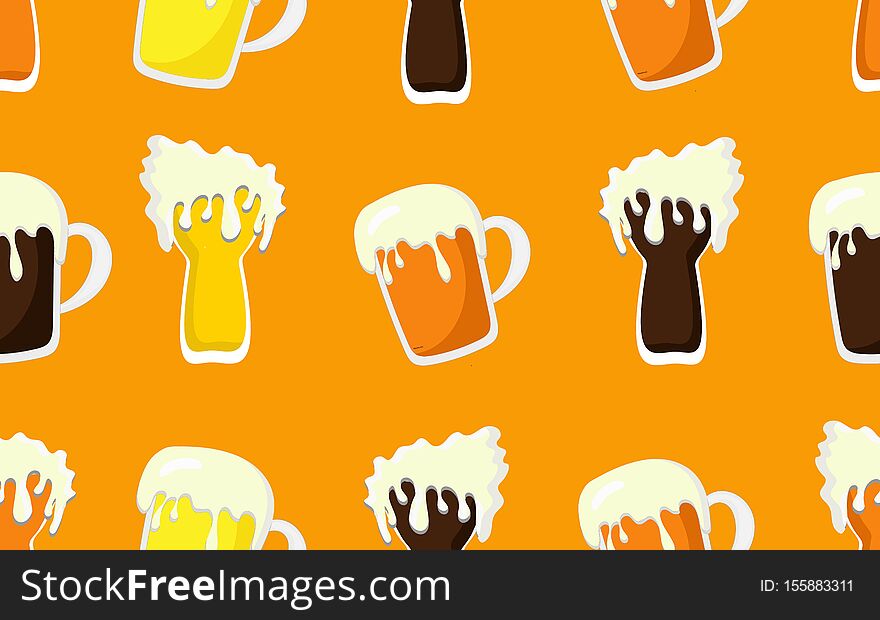 Seamless beer pattern. Oktoberfest background. Saint Patrick design.Banner advertisement for a German beer festival. Mugs of beer on a light background