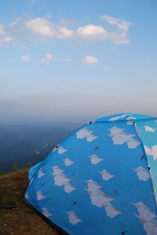 Camping On The Top Of Mountain With Blue Tent Stock Photography Camping On The Top Of Mountain With Blue Tent Stock Photography