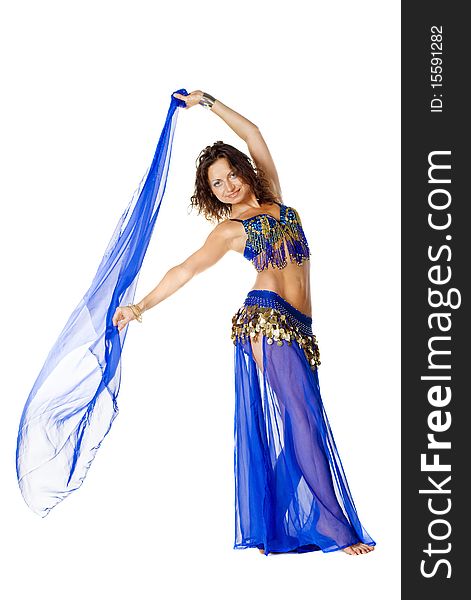 Portrait of a beautiful belly dancer with blue shawl