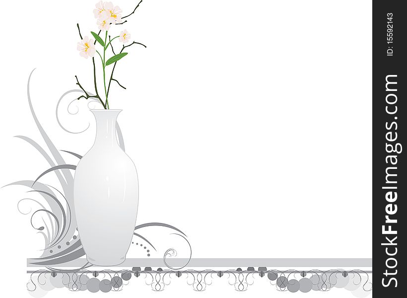 White vase with bouquet of flowers and ornament