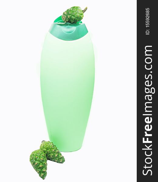 Green shower gel bottle with fir natural coniferous extract. Green shower gel bottle with fir natural coniferous extract