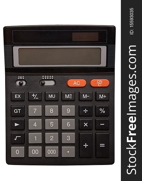 The black calculator on a white background is isolated