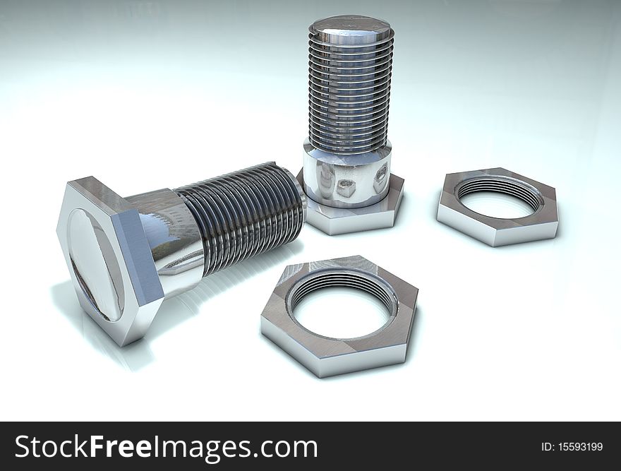 3D bolts and nuts on a white background. Three-dimensional granting