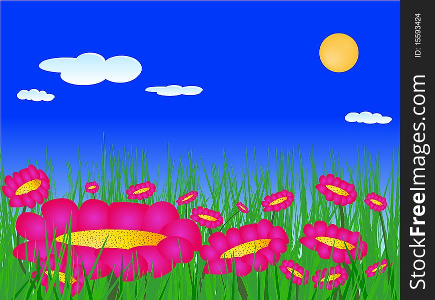 Colorful flowers and grass over blue sky. Colorful flowers and grass over blue sky