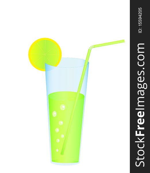 Illustration of the green cocktail with straw and lemon isolated over white