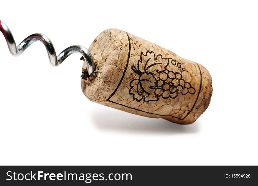 Cork and corkscrew together on a white background.