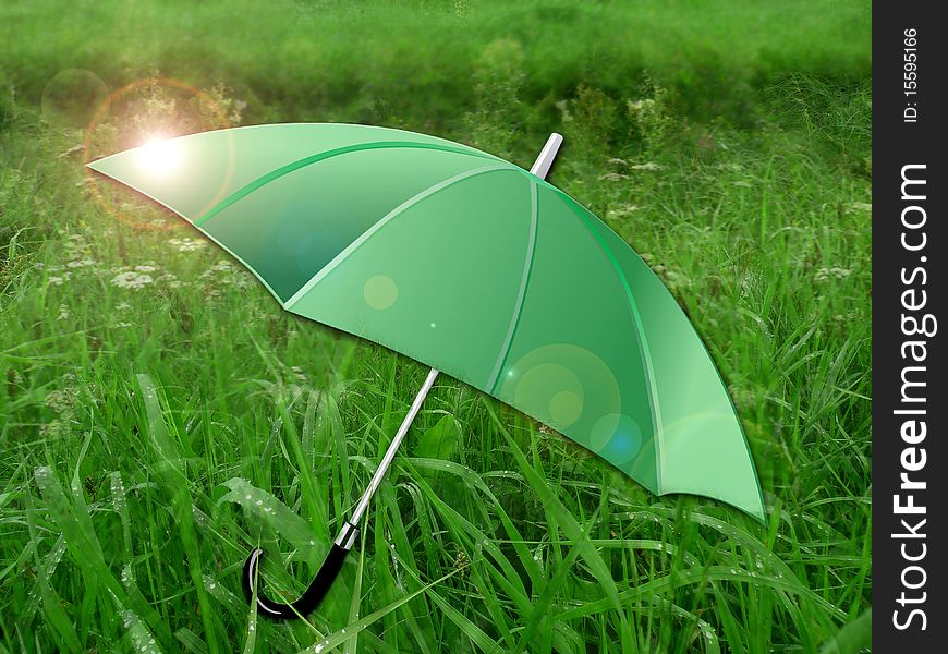 Green umbrella on green meadow. Green umbrella on green meadow