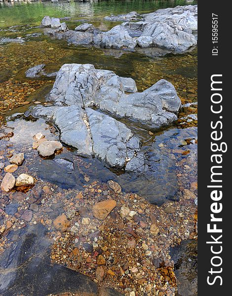 Pristine rocky river viewed from shore