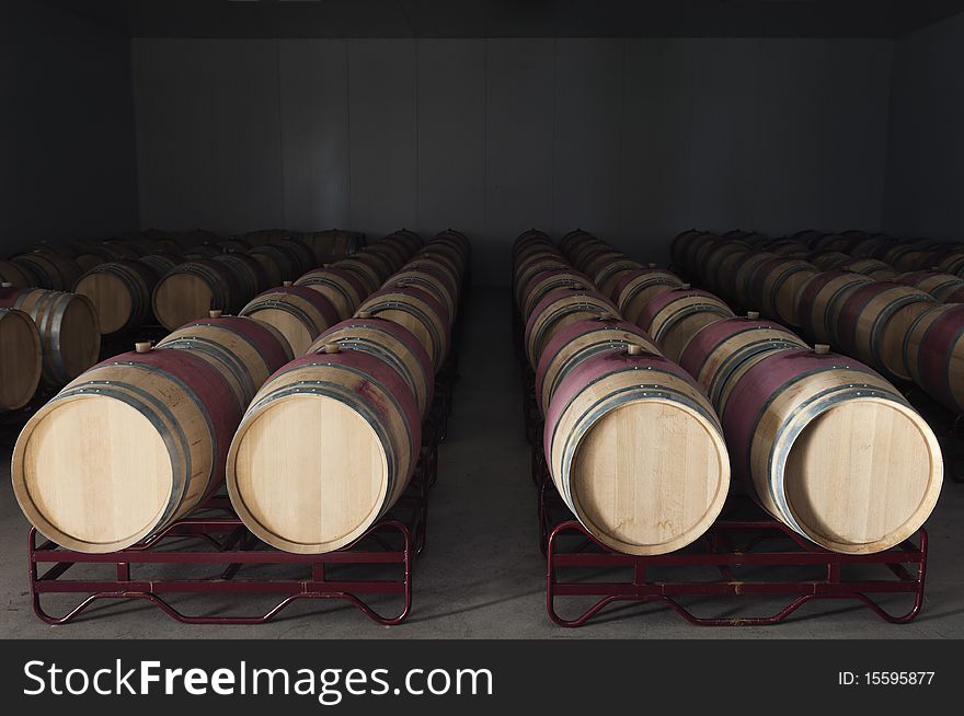 Oak wine barrels in a modern winery, Alentejo, Portugal