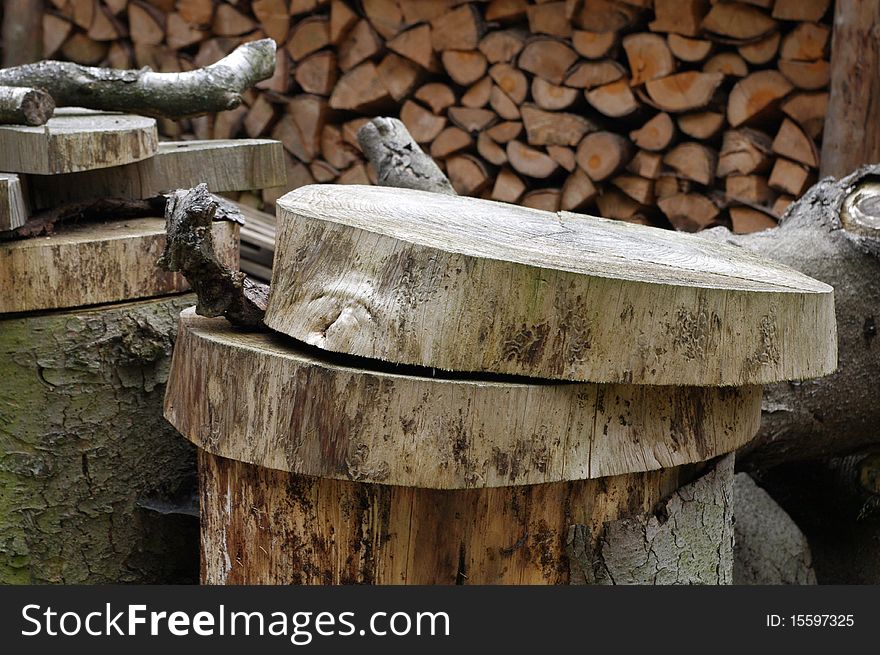 Firewood cut into Pieces and Slices dried at free Air