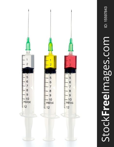 Three disposable syringe against white background