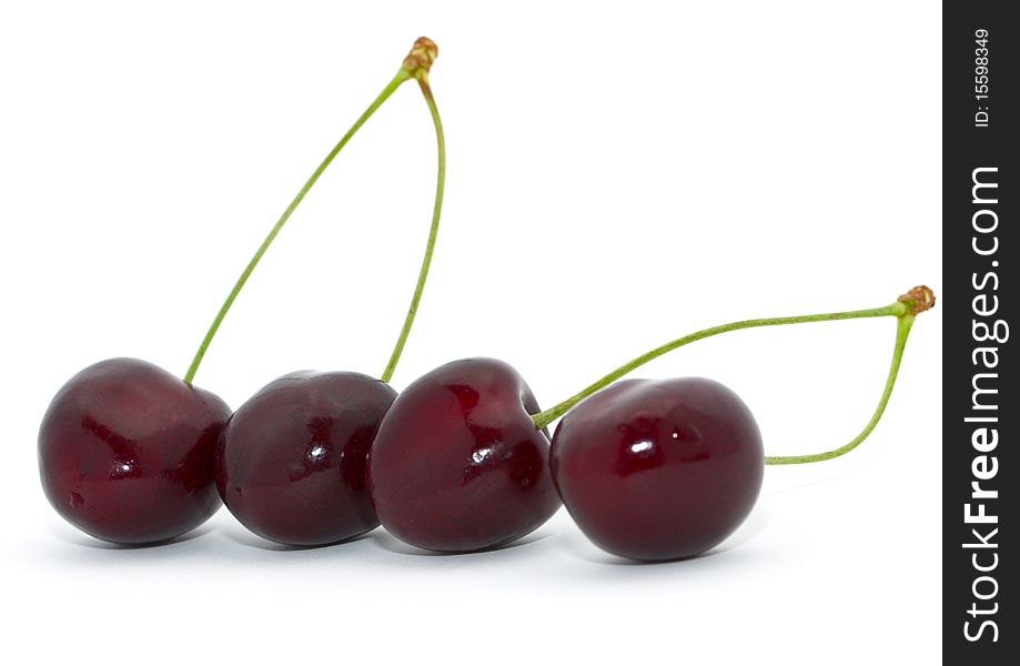 Four cherries with green stems isolated on white