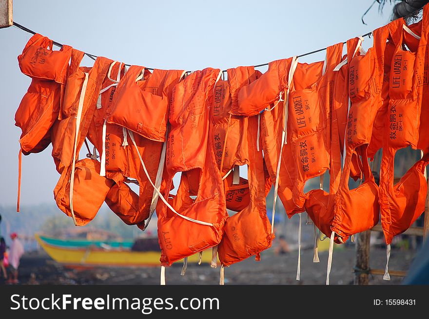 Life jackets for rent at a beach resort in Batangas, Philippines.