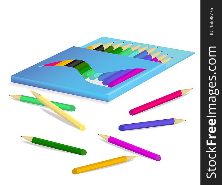 Pensil box with color pensils. Vector illustration.