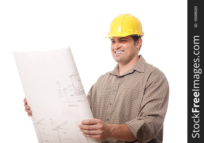 Happy construction worker reviewing blueprints. Happy construction worker reviewing blueprints